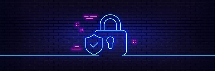 Neon light glow effect. Security lock line icon. Cyber defence shield sign. Private protection symbol. 3d line neon glow icon. Brick wall banner. Security lock outline. Vector