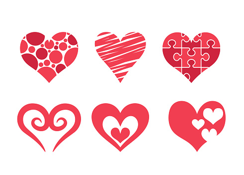 Set of Red Hearts for Valentines Day, Puzzle, Striped, Polka Dots or Swirls Pattern. Love Symbols for Wedding and Valentine Greeting Card Design Elements. Cartoon Vector Illustration