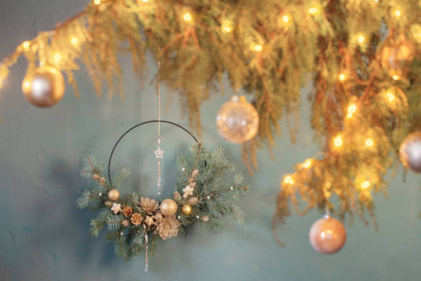 istock christmas decor with golden balls on background  dark wall 1447031749