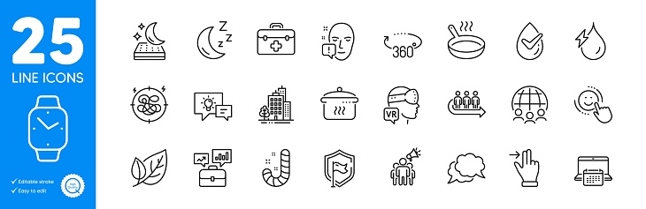 Outline icons set. Frying pan, Brand ambassador and Calendar icons. Leaf, Face attention, Moon web elements. First aid, Dermatologically tested, Stress signs. Global business. Vector