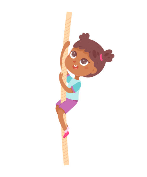 Active child climbing up rope at school physical education lesson, healthy climb workout Active child climbing up rope at school physical education lesson vector illustration. Cartoon isolated funny girl training with gymnastic equipment, healthy climb workout and sport exercise of child crossfit girl stock illustrations