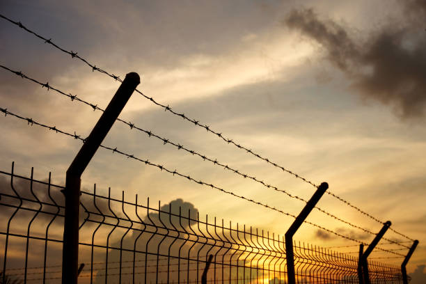 recinzione di filo spinato contro il cielo crepuscolare sentirsi soli e desiderare la libertà. - barbed wire foto e immagini stock