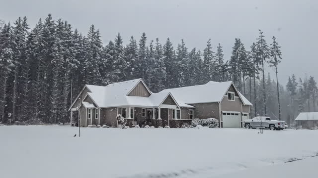 American Suburban Home Exerior in Snowy Winter Scene