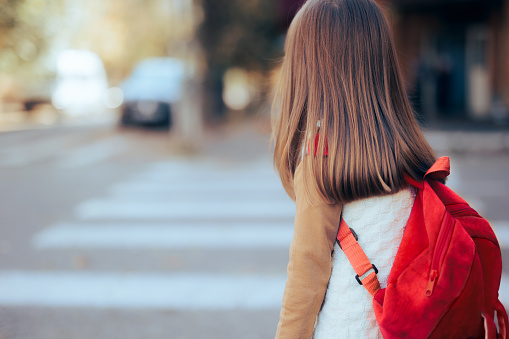 Child waiting at the crosswalk trying to respect traffic rules