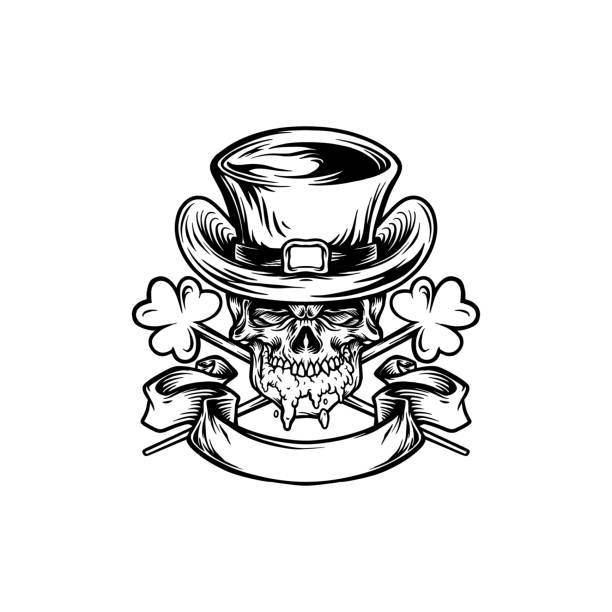 Skull Mascot for St Patricks Beer Day Monochrome Skull Mascot for St Patricks Beer Day Monochrome vector illustrations for your work logo, merchandise t-shirt, stickers and label designs, poster, greeting cards advertising business company or brands skeloton hand stock illustrations