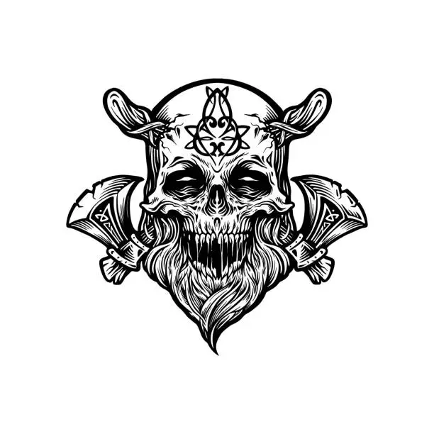 Vector illustration of Skull Viking Warrior with Axe monochrome