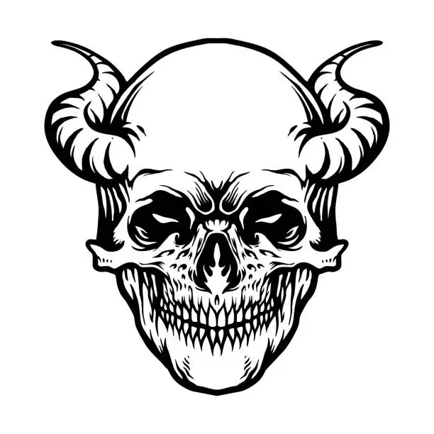 Vector illustration of Tattoo Demon Skull Horn monochrome