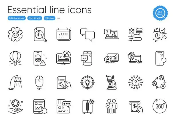 Vector illustration of Cogwheel, Bitcoin chart and 360 degrees line icons. For website, printing and application. Vector