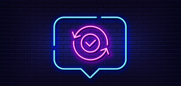 Neon light speech bubble. Security confirmed line icon. All day cyber defence sign. Private protection symbol. Neon light background. Security confirmed glow line. Brick wall banner. Vector