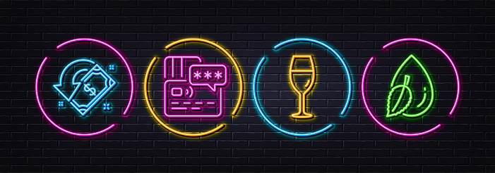 Card, Wineglass and Cashback minimal line icons. Neon laser 3d lights. Water drop icons. For web, application, printing. Bank payment, Burgundy glass, Receive money. Mint leaf. Vector