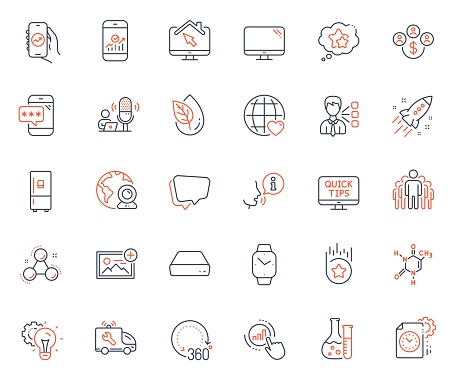Technology icons set. Included icon as Work home, Idea gear and Chemistry lab web elements. Chemistry molecule, Add photo, Project deadline icons. Graph chart, Speech bubble. Vector
