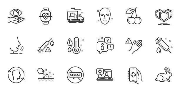 Vector illustration of Outline set of Medical help, Shields and Stop stress line icons for web application. For design. Vector