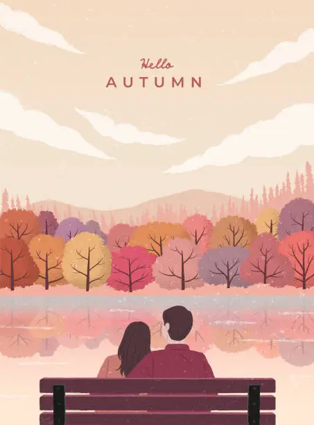 Vector illustration of Autumn nature landscape. Loving couple sitting on bench. Alps mountain valley lake scenic view. Calm river water. Fall season banner, poster background. Hand drawn style. Flat vector illustration.