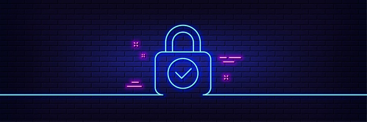 Neon light glow effect. Security lock line icon. Cyber defence sign. Private protection symbol. 3d line neon glow icon. Brick wall banner. Security lock outline. Vector