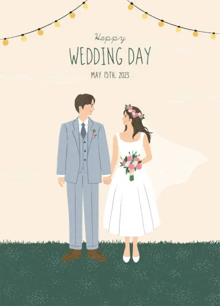 Vector illustration of Wedding invitation with bride and groom portrait illustration. Green lawn grass texture. Landscape of Spring field and wild flower. For poster, card, banner background. Hand drawn style. Flat vector.