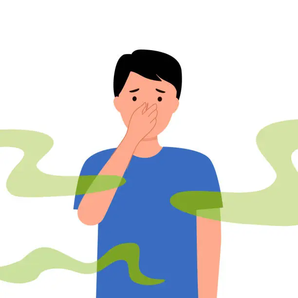 Vector illustration of Man cover his nose from unpleasant smell in flat design on white background.