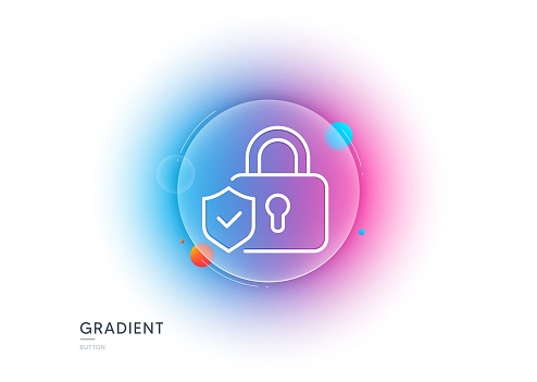 Security lock line icon. Gradient blur button with glassmorphism. Cyber defence shield sign. Private protection symbol. Transparent glass design. Security lock line icon. Vector