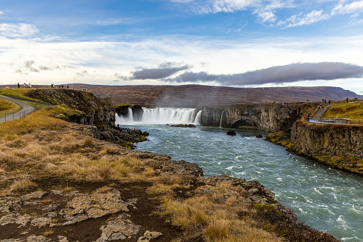 Godafoss is a waterfall in northern Iceland. It is located along the country's main ring road about 45 minutes from Akureyri, Iceland's second largest city.The water of the river Skjálfandafljót falls from a height of 12 metres over a width of 30 metres.