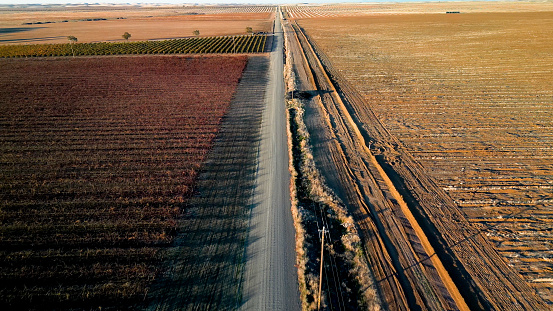 Aerial view Rural road in the middle of an agricultural field