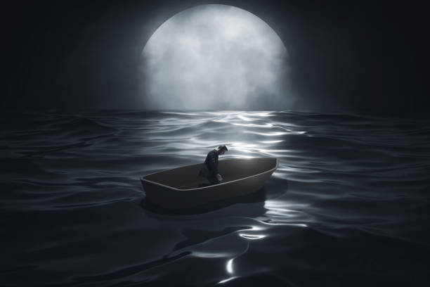 istock Depressed business man on boat 3d illustration 1447053301