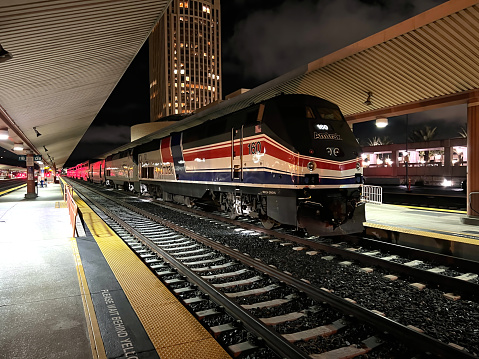 Los Angeles, California, USA - December 05, 2022: The Amtrak 50th Anniversary Livery GE Genesis P42DC Passenger Diesel Locomotive, Los Angeles Union Station.
