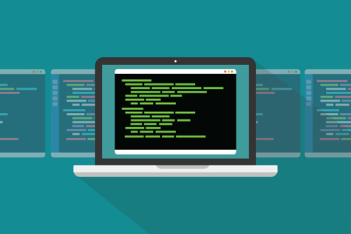 command line interface cli programming language concept with laptop and code programming - vector illustration