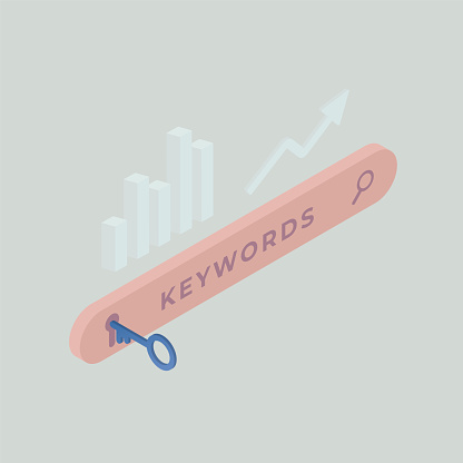 Long-tail and semantically related keyword research concept. Keyword Ranking with search bar and chart icons. Selection and analysis popular search terms with search engine optimization.