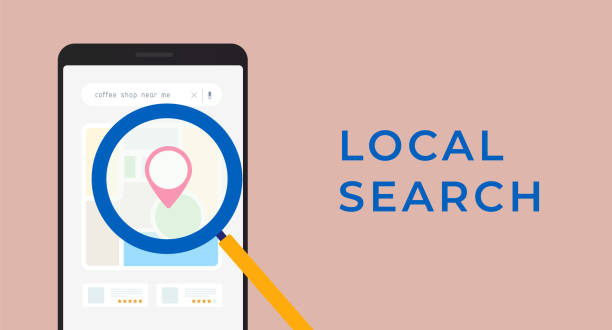 local search horizontal banner concept. seo optimize for near me searches concept. local search engine optimization - part of all business online marketing strategy. - google stock illustrations