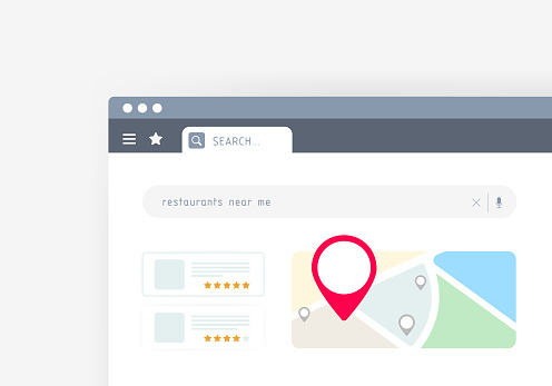 Near Me Search - local seo marketing strategy based on consumer searches for services nearby. Browser with search result and map of nearby places with descriptions and ratings. Vector illustration