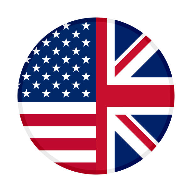 ilustraciones, imágenes clip art, dibujos animados e iconos de stock de icono redondo de las banderas de los estados unidos de américa y el reino unido aislado sobre fondo blanco. ilustración vectorial - british flag london england flag british culture