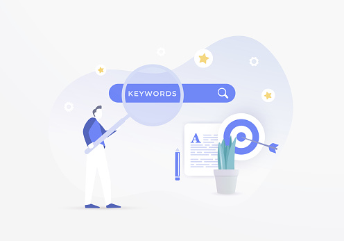 SEO Keyword Research illustration. Analysis popular search terms for search engine optimization. On-page content optimization with keyword ranking tools flat design vector illustration concept