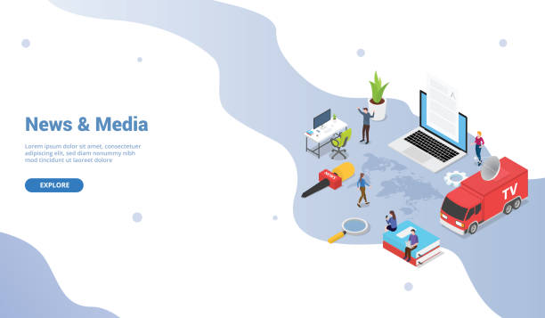 ilustrações de stock, clip art, desenhos animados e ícones de news and media concept template with tv van and news anchor mic with modern isometric for website template or landing homepage - vector - newspaper the media article backgrounds