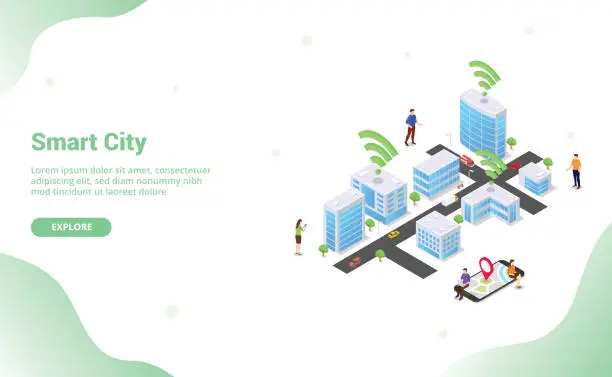 Vector illustration of smart city concept with big buildings and team people vehicle connected using internet wifi technology for website template landing homepage with modern flat isometric style - vector