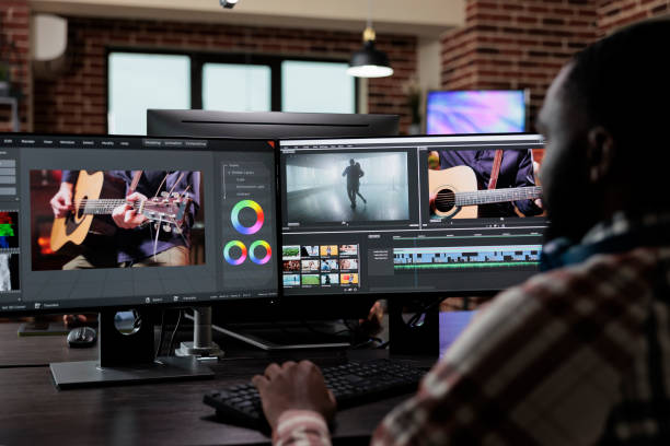 istock Professional post production editor doing footage montage and visual improvement. 1447070640
