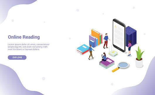 online or digital reading book concept with people read on smartphone apps with modern isometric flat style for website template or landing homepage banner - vector illustration