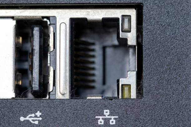istock Closeup shot of firewire and small inputs on a digital computer workstation 1447071613