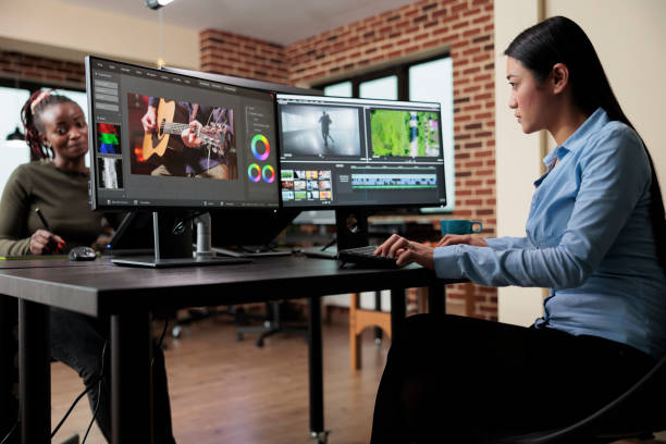 istock Videography expert in post production house editing footage frames 1447072583