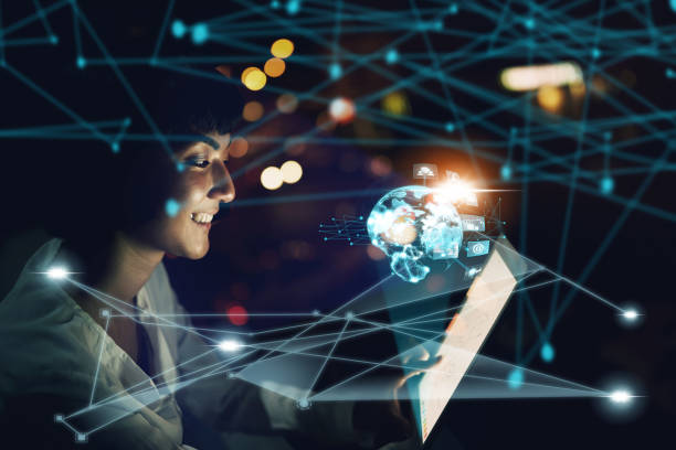 istock Woman on digital tablet, futuristic network overlay and iot cloud data communication hologram with blockchain coding technology. Future of cyber security, fintech software and information technology 1447073934