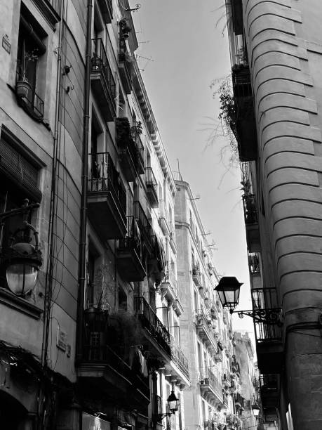 istock Vertical grayscale shot of buildings with balconies under a cloudless sky 1447074726