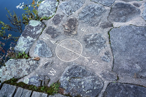 A high-angle shot of cardinal points on coastal stones