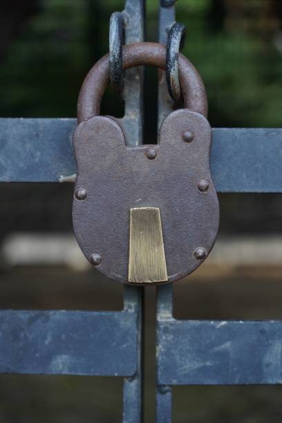 A closeup of an old metallic lock on a metallic gate