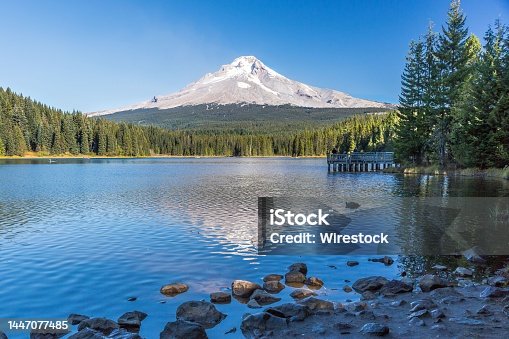 istock Natural view of the calm Trillium Lake and Mount Hood National forest in Oragon, USA 1447077485