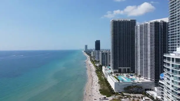 An aerial view of modern buildings on Hallandale Beach in southern Broward County, Florida
