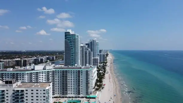 An aerial view of modern buildings on Hallandale Beach in southern Broward County, Florida