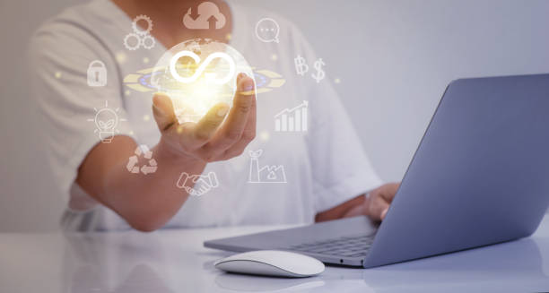istock Earth  holding in businessman hands and icon using a computer for analysis for future growth of business and environment sustainable the concept of eternity, endless and unlimited, white background technology. Earth day. Energy saving concept, Networking 1447079316