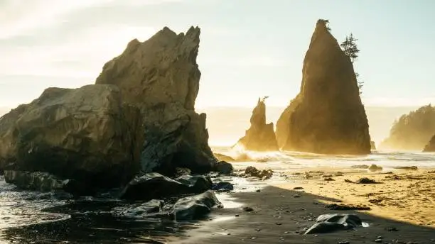 A breathtaking view of large rock formations on the Rialto Beach under sunlight
