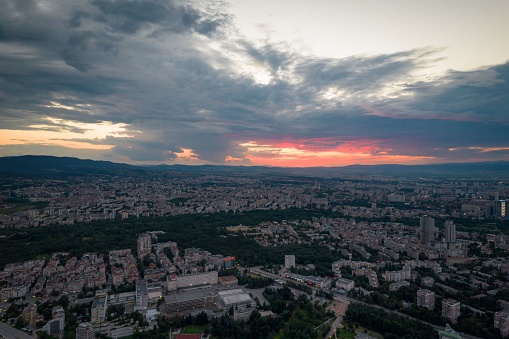 Sofia Bulgaria Aerial amazing Sunset over zoo at summer
