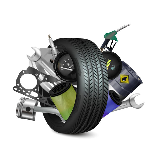 istock Vector realistic, 3D car tire with auto parts isolated on white background. 1447081108