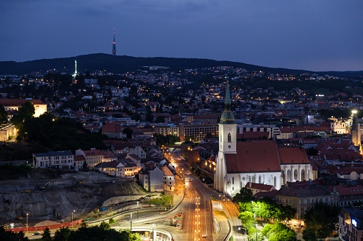 The UFO Bridge at night in Bratislava, Slovakia