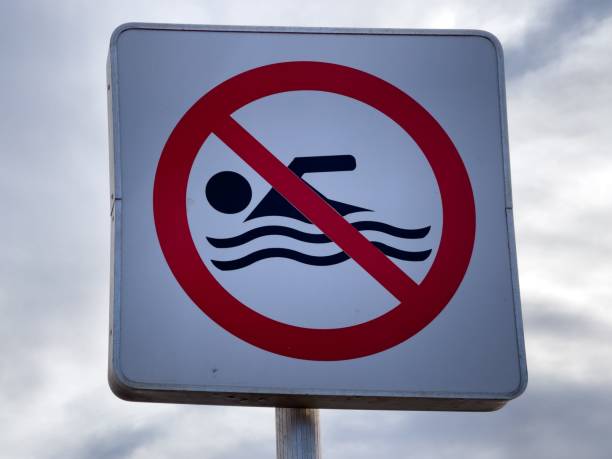 istock No swimming warning sign with blue sky in the background 1447081852
